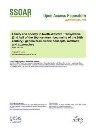 Family and society in North-Western Transylvania (2nd half of the 19th century - beginning of the 20th century): general framework: concepts, methods and approaches