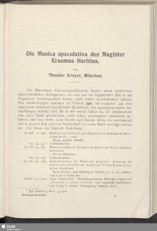 Die Musica speculativa des Magister Erasmus Heritius