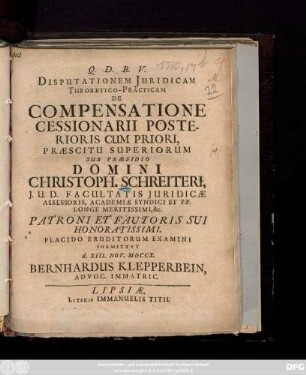 Disputationem Juridicam Theoretico-Practicam De Compensatione Cessionarii Posterioris Cum Priori