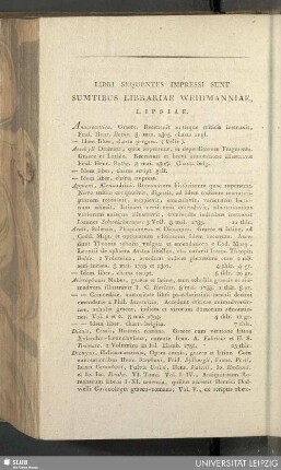 Libri sequentes impressi sunt sumtibus Librariae Weidmanniae, Lipsiae