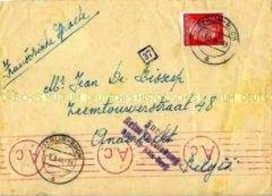 Adressierter Briefumschlag aus Berlin nach Anderlecht mit Stempel "Zurück - Keine Verbindung"