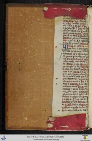 [Vorderer Spiegel] Fragment einer lateinischen Pergament-Hs. des 14. Jhs (grammatischer Text).