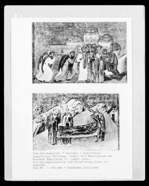 Menologion des Kaisers Basileios II. — Die Beisetzung des heiligen Johannes Chrysostomos im Beisein der anderen Kirchenväter