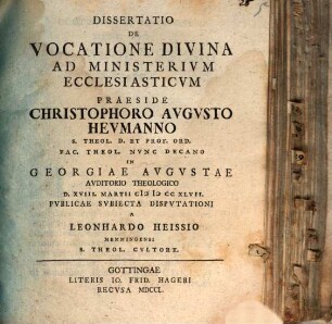 Diss. de vocatione divina ad ministerium ecclesiasticum