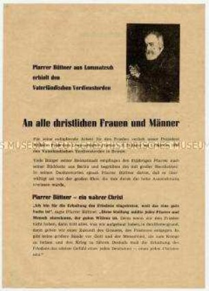 Flugblatt mit Wahlaufruf von Pfarrer Büttner an Christen für die Kandidaten der Nationalen Front, anlässlich seiner Auszeichnung mit dem Vaterländischen Verdienstorden