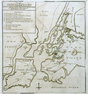 WHK 28 Nordamerikanische Kriege von 1775-1782: Plan des Angriffs der amerikanischen Truppen auf Long-Island am 27. August 1776, mit den Straßen auf New York-Island, auf Staten-Island und einem Teil von New Jersey