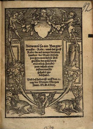 Antwurten so ein Bürgermeyster, Radt ... der Statt Zürich jren getrewen lieben Aydgnossen ... geben haben d.d. 21 Maerz 1524