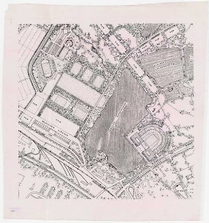 Fußballstadion in der Kongresshalle, Nürnberg: vergrößerter Ausschnitt aus dem Leitplan Verkehr und Landschaft von 1:5000 auf 1:2000 vergrößert, (von Inv.nr. 39664)