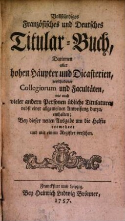 Vollständiges französisches und deutsches Titular-Buch