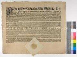 Wilhelm Herzog zu Sachsen gibt den Tod von Kaiser Ferdinand III. bekannt und kündigt die Übernahme der Verweserschaft durch Johann Georg II. Kurfürst von Sachsen in den Ländern des sächsischen Rechts an. Weimar, 15. Mai 1657. Oblatensiegel.