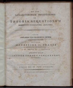 De Usu Logarithmorum Infinitinomii In Theoria Aequationum : Dissertatio Combinatorio-Analytica