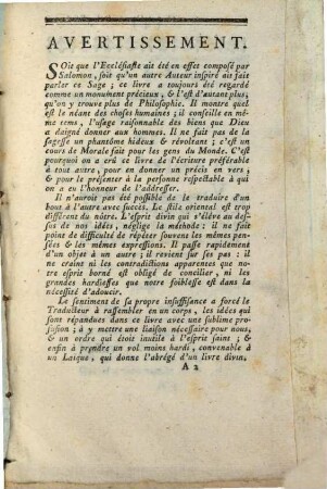 Précis de l'Ecclésiaste et du cantique des cantiques : en vers ; Avec le Texte en François et des remarques de l'Auteur