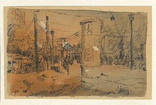 Colorierte Tuschezeichnung von Karl-Heinz Klingbeil: Straßenszene mit Littfaßsäule (1972)