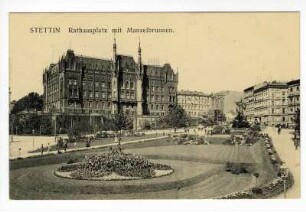 Stettin. Rathausplatz mit Manzelbrunnen.