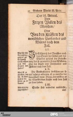 Der III. Articul. Vom Freyen Willen des Menschen/ Oder Von den Kräften des menschlichen Verstandes und Willens nach dem Fall.