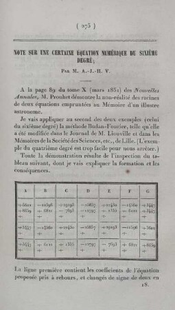 Note sur une certaine équation numérique du sixiéme degré.