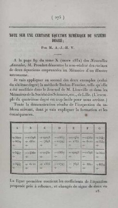 Note sur une certaine équation numérique du sixiéme degré.