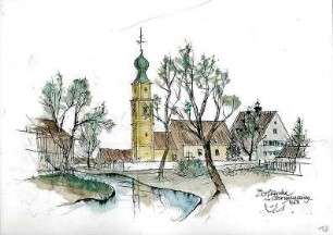 Gsaenger, Gustav; Skizzenbuch - Dorfkirche in Obermenzing (Perspektive)