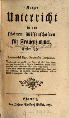 Kurzer Unterricht in den schönen Wissenschaften für Frauenzimmer, 1