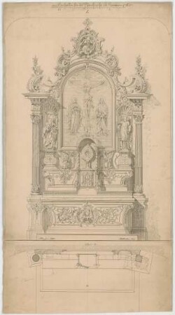 Müller, Josef Anton; Hausen; Pfarrkirche - Hochaltar (Grundriss m. Schnitt, Ansicht)