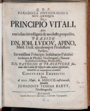 [1]: Paradoxa Physiologica Nov-Antiqva De Principio Vitali