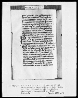Evangelistar (Winterteil) mit Festkalender und Nekrolog — Initiale P(ostquam consummati) und E(rat Ioseph), Folio 15verso