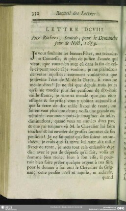 Lettre DCVIII. Aux Rochers, Samedi, pour le Dimanche jour de Noël, 1689