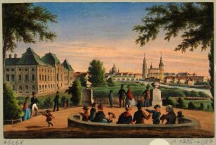 Der Garten des Japanischen Palais, mit Blick auf das Palais und die Altstadt nach Südosten
