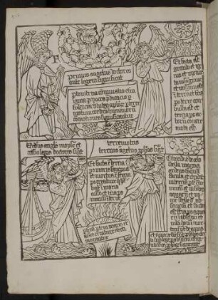 (1) Ausschütten des Rauchfasses, Posaune des ersten Engels mit Schreckenszeichen (Apc. VIII, 5-7); (2) zweite und dritte Posaune mit Schreckenszeichen (Apc. VIII, 8-11).