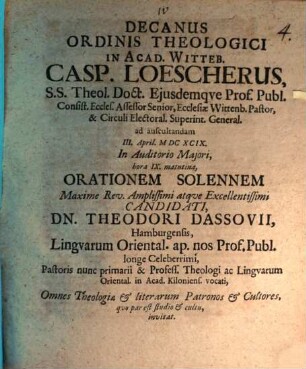 Decanus Ordinis theologici in Acad. Witteb. ... ad auscultandam ... orationem solennem Theodorio Dassovii invitat : [praefatus de fidelibus ecclesiae operariis]
