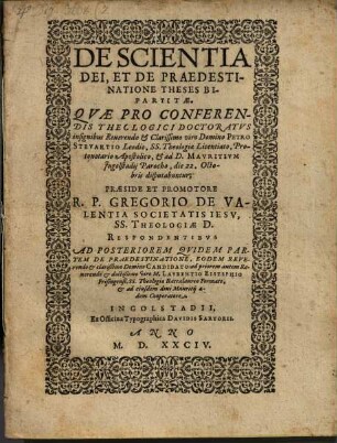 De Scientia Dei, Et De Praedestinatione Theses Bipartitae