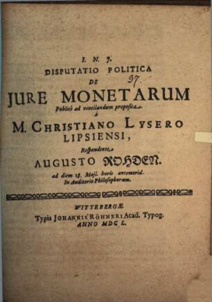 Disp. polit. de iure monetarum