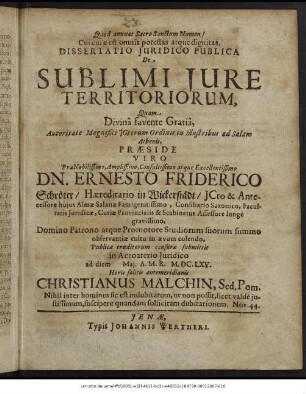 Dissertatio Iuridico Publica De Sublimi Iure Territoriorum