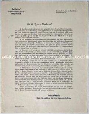 Rundschreiben des Nachrichtenbüros für Kriegsanleihen der Reichsbank zur Werbung für die 7. Kriegsanleihe mit einem Musterbrief an Jagdpächter