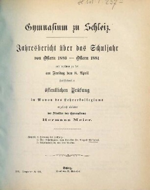 Jahresbericht : über das Schuljahr von Ostern ... bis Ostern ... 1880/81