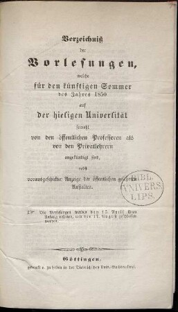 SS 1850: Verzeichnis der Vorlesungen // Georg-August-Universität Göttingen