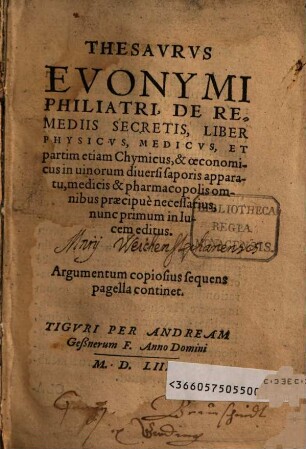 Thesaurus Euonymi Philiatri de remediis secretis