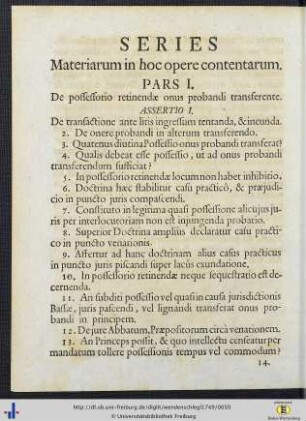 Series Materiarum in hoc opere contentarum.