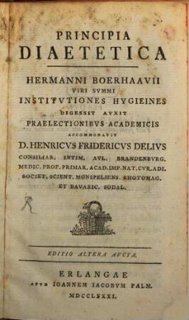 Principia Diaetetica Hermanni Boerhaavii Viri Summi Institutiones Hygieines