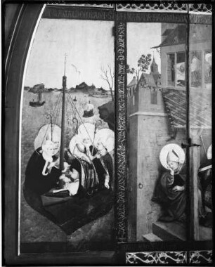 Tiefenbronn Katholische Kirche Sankt Maria Magdalena Magdalenenaltar von Lukas Moser (1431) geschlossen - Darstellung der Geschwister von Bethanien von den Juden verjagdt treiben ruderlos auf dem Meere