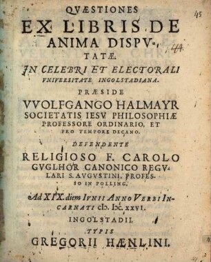 Qvaestiones Ex Libris De Anima Dispvtatae