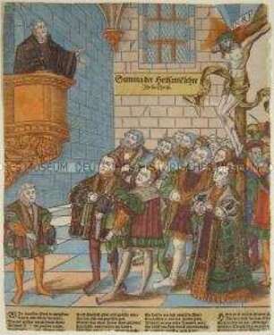 Martin Luther predigt auf der Kanzel vor Vertretern des kursächsischen Hauses