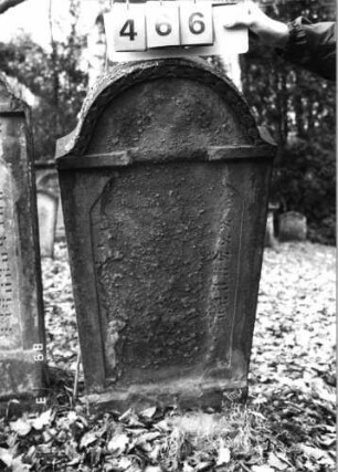 Grabstein 466 (Index: 99752851) Material: Sandstein Zustand: abgeblätt/verwitt. mit fast völl. Textverl Maße HxBxT: 154x61x13 cm Beschreibung: Stele, Konvexbogenabschluß. Schriftfeld eingetieft mit Segmentbogenabschluß Symbolik: Rautenfries: Grabstein 466