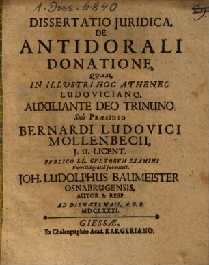 Dissertatio Iuridica, De Antidorali Donatione