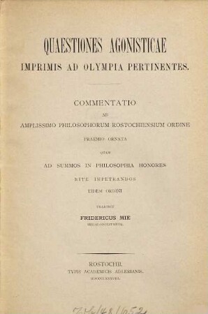 Quaestiones agonisticae imprimis ad Olympia pertinentes