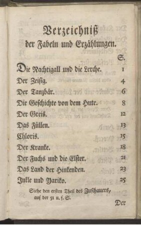 Verzeichniß der Fabeln und Erzählungen.