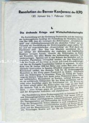 Kommunistische Tarnschrift über die Ergebnisse der "Berner Konferenz" der KPD in einem neutralen weißen Umschlag
