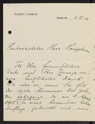 Brief von Albert Langen an Gerhart Hauptmann