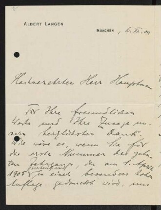 Brief von Albert Langen an Gerhart Hauptmann