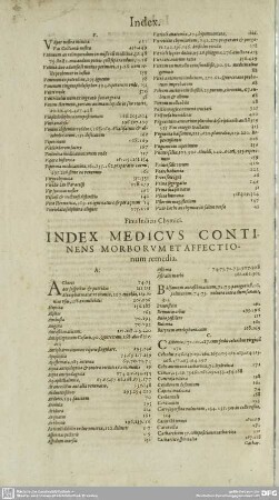 INDEX MEDICVS CONTINENS MORBORVM ET AFFECTIOnum remedia.
